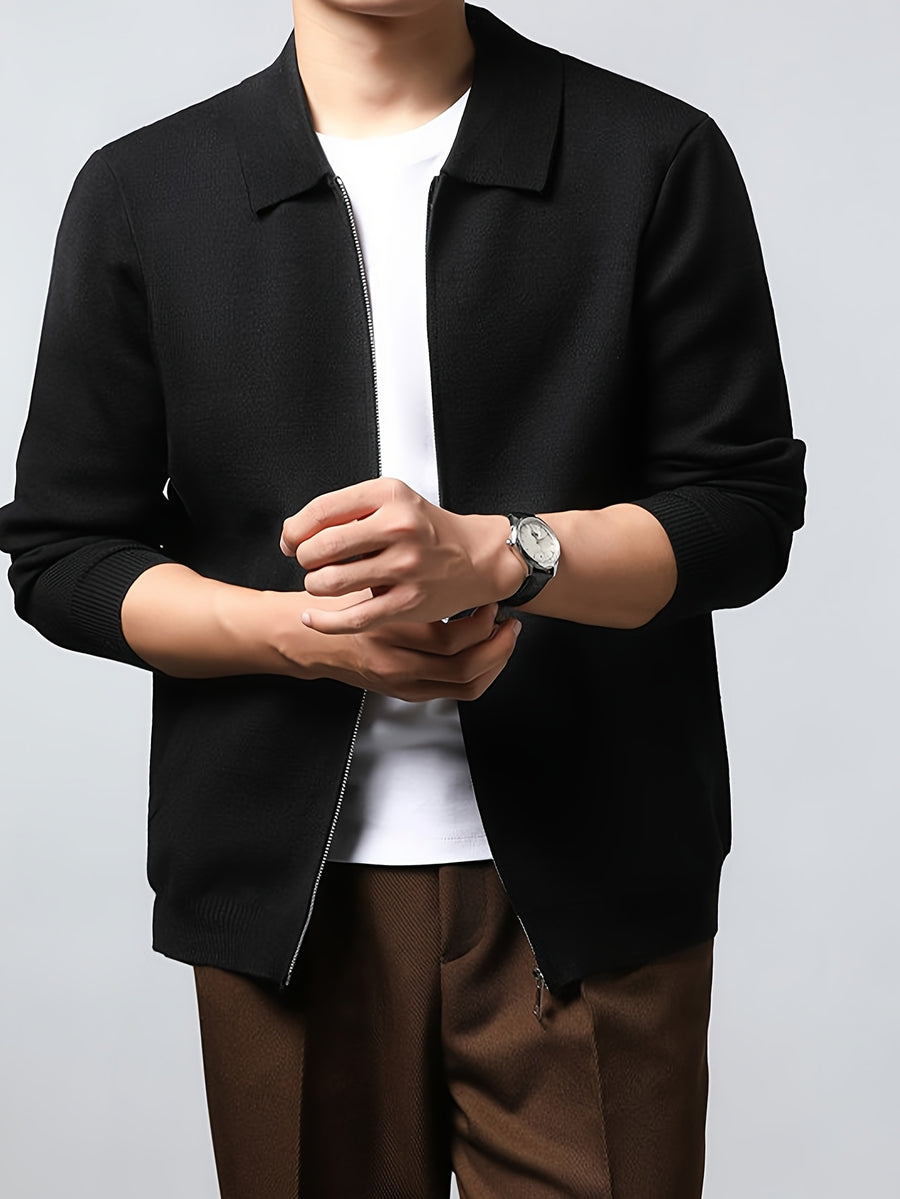 Men'S Lapel Full-Zip Long Sleeve Knit Jacket, Ribbed Cuffs And Hem, Autumn/Winter Style, Casual Commute Wear, Business Casual Style. - SINBOS - Black