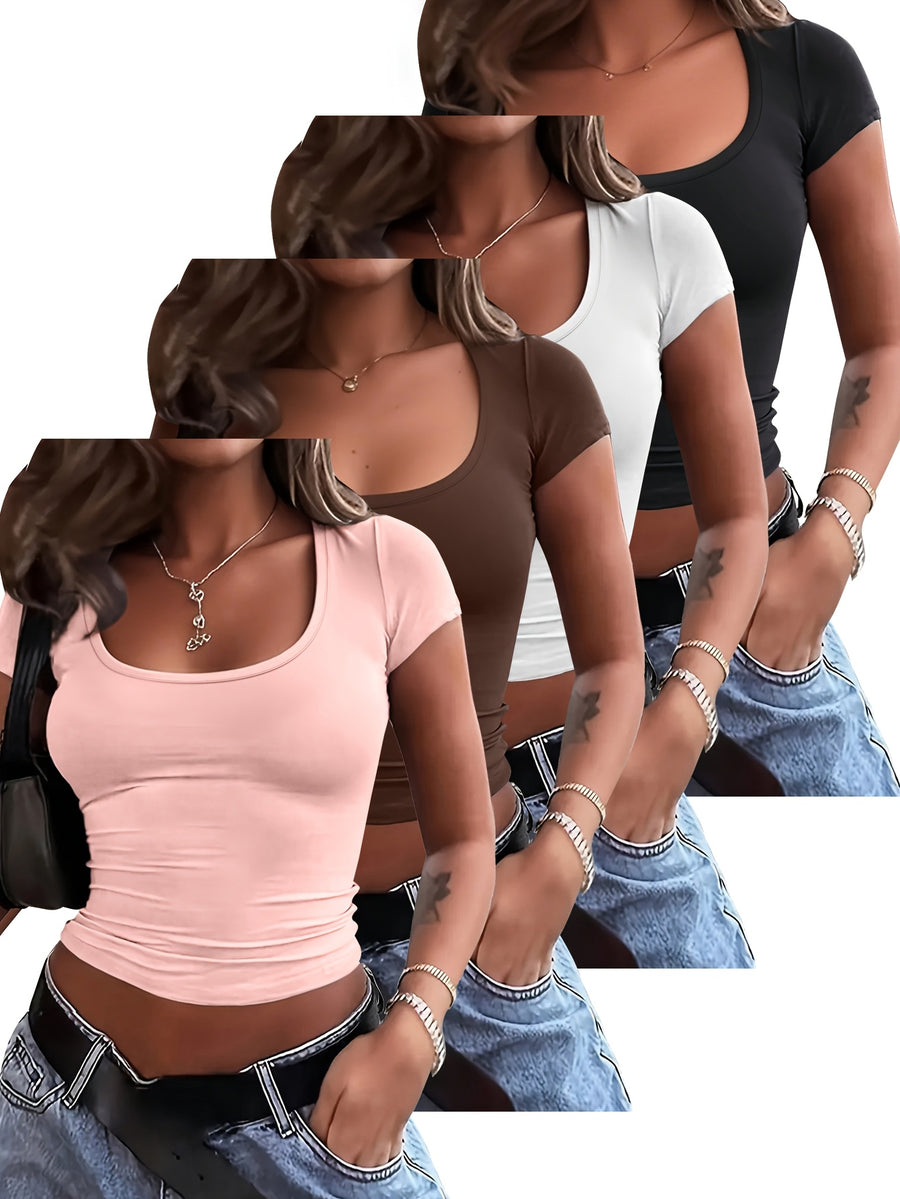 4pcs Set U-Neck Short-Sleeved T-Shirt Women'S Summer New Solid Color Slim Short All-Match Top - Pink+Brown+White+Black