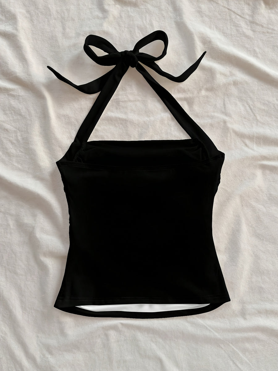 Women'S Fashion Casual Floral Black Fitted Short Tank Top with a Neck Tie, Perfect for Summer Vacations - Black