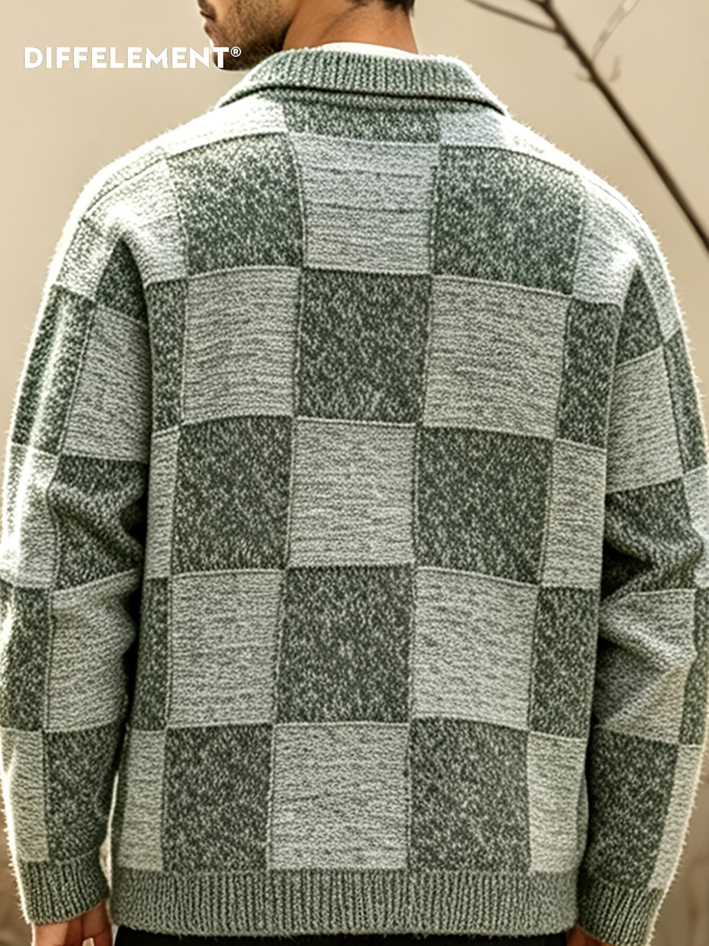 DIFFELEMENT Men'S Casual Cardigan Sweater All-Match Knit Fabric Checkered Lapel Single-Button Knit Cardigan Jacket Anti-Pilling Breathable Ribbed Cuffs Loose Fit Lightweight Windproof Wrinkle-Resistant Suitable for Daily Casual Wear And Outdoor Hiki - Gray Green