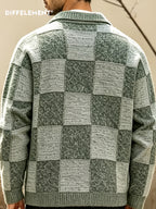 DIFFELEMENT Men'S Casual Cardigan Sweater All-Match Knit Fabric Checkered Lapel Single-Button Knit Cardigan Jacket Anti-Pilling Breathable Ribbed Cuffs Loose Fit Lightweight Windproof Wrinkle-Resistant Suitable for Daily Casual Wear And Outdoor Hiki - Gray Green