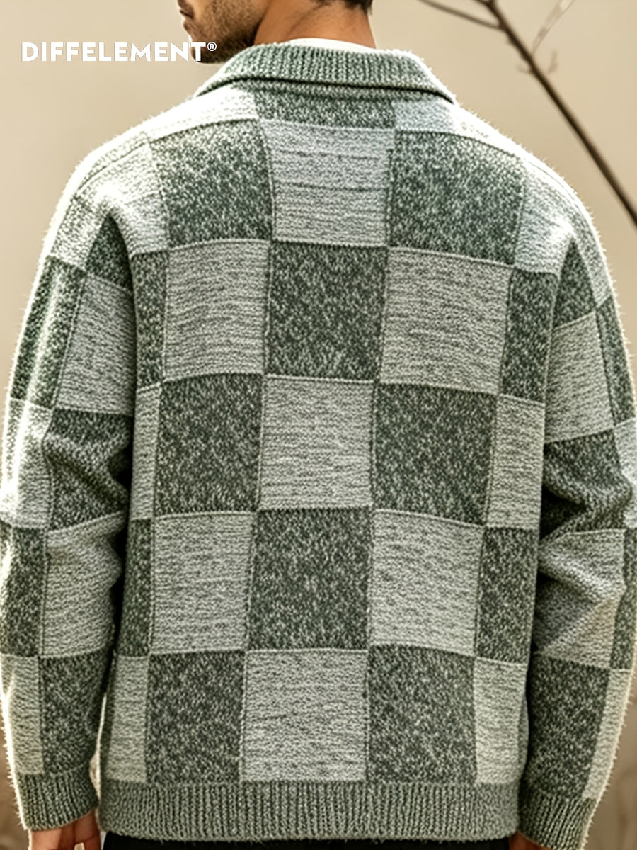 DIFFELEMENT Men'S Casual Cardigan Sweater All-Match Knit Fabric Checkered Lapel Single-Button Knit Cardigan Jacket Anti-Pilling Breathable Ribbed Cuffs Loose Fit Lightweight Windproof Wrinkle-Resistant Suitable for Daily Casual Wear And Outdoor Hiki - Gray Green