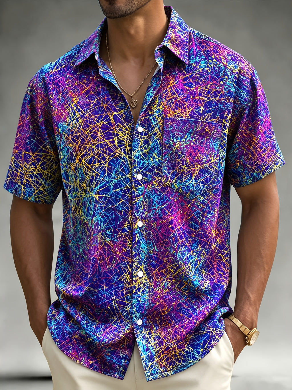 Vintage Abstract Art Print Men'S Short Sleeve Shirt - Mixed colors