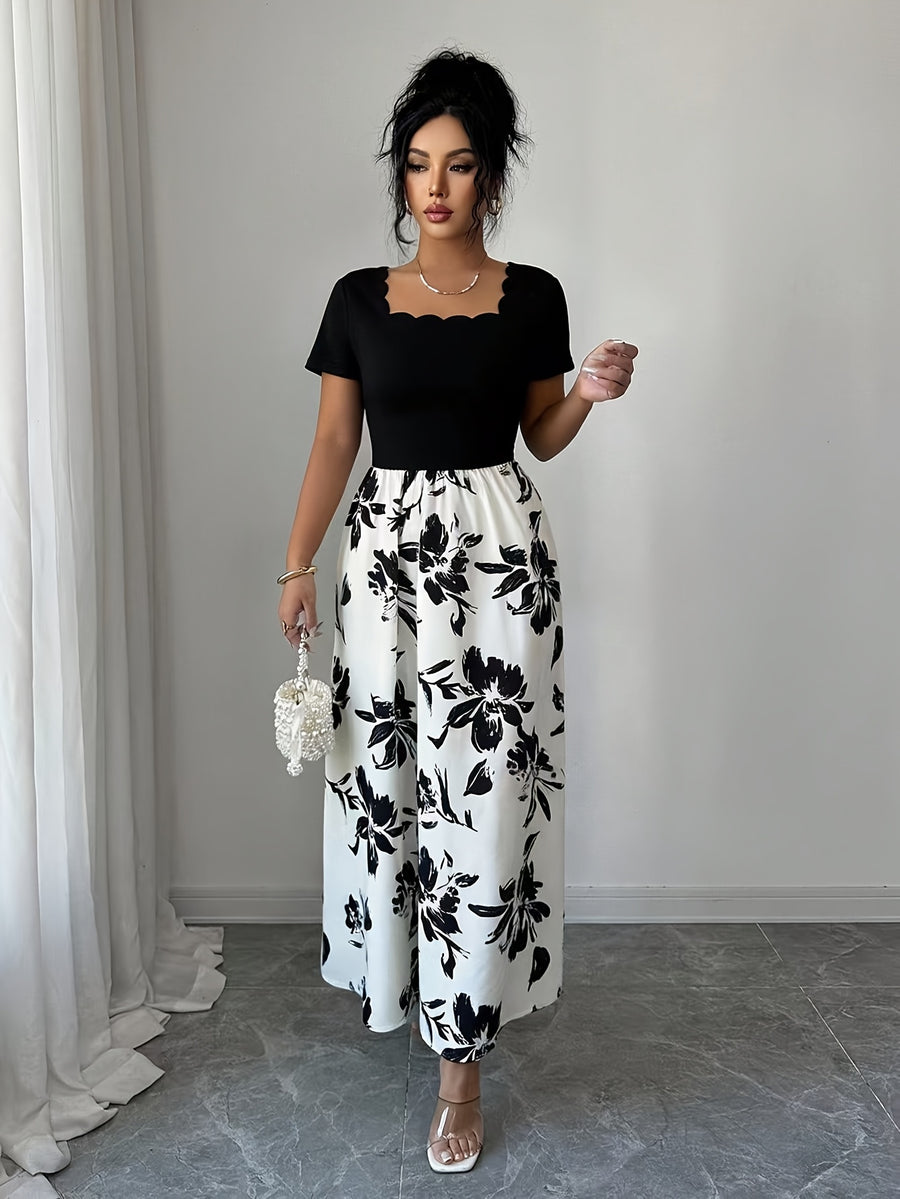 Women'S Elegant Wavy Trim Square Neck Short Sleeve Waist-Cinching Maxi Dress - White