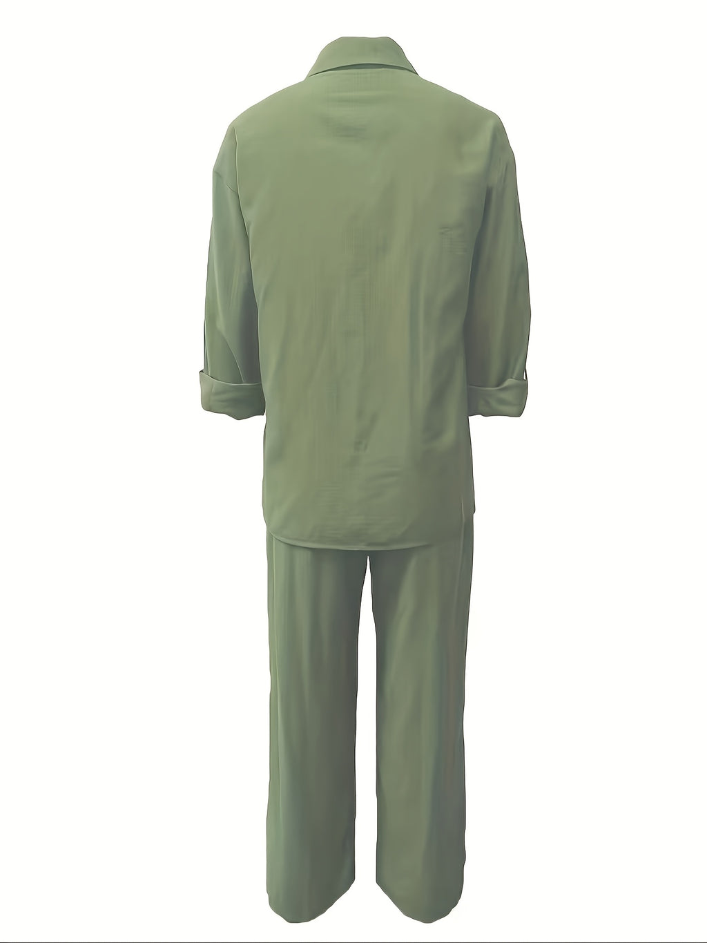 Elegant Women's Casual Cardigan Solid Color Shirt and Pants Set - Olive Green