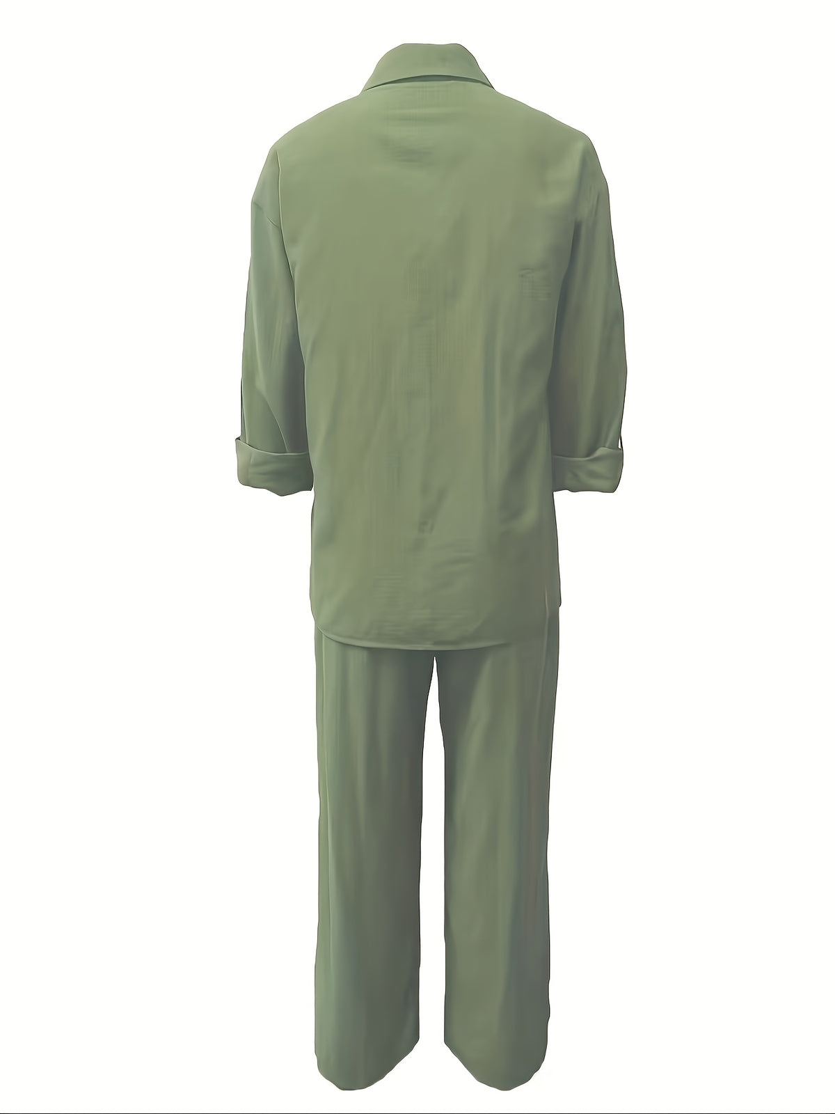 Elegant Women's Casual Cardigan Solid Color Shirt and Pants Set - Olive Green