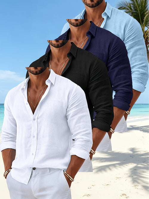 (4pcs Set) Men'S Spring Summer Autumn Thin Loose Solid Color Linen Long Sleeve Casual All-Match Vacation Fitness Home Leisure Sports Trendy Fashion POLO Shirt - White + Black + Navy Blue + Light Blue