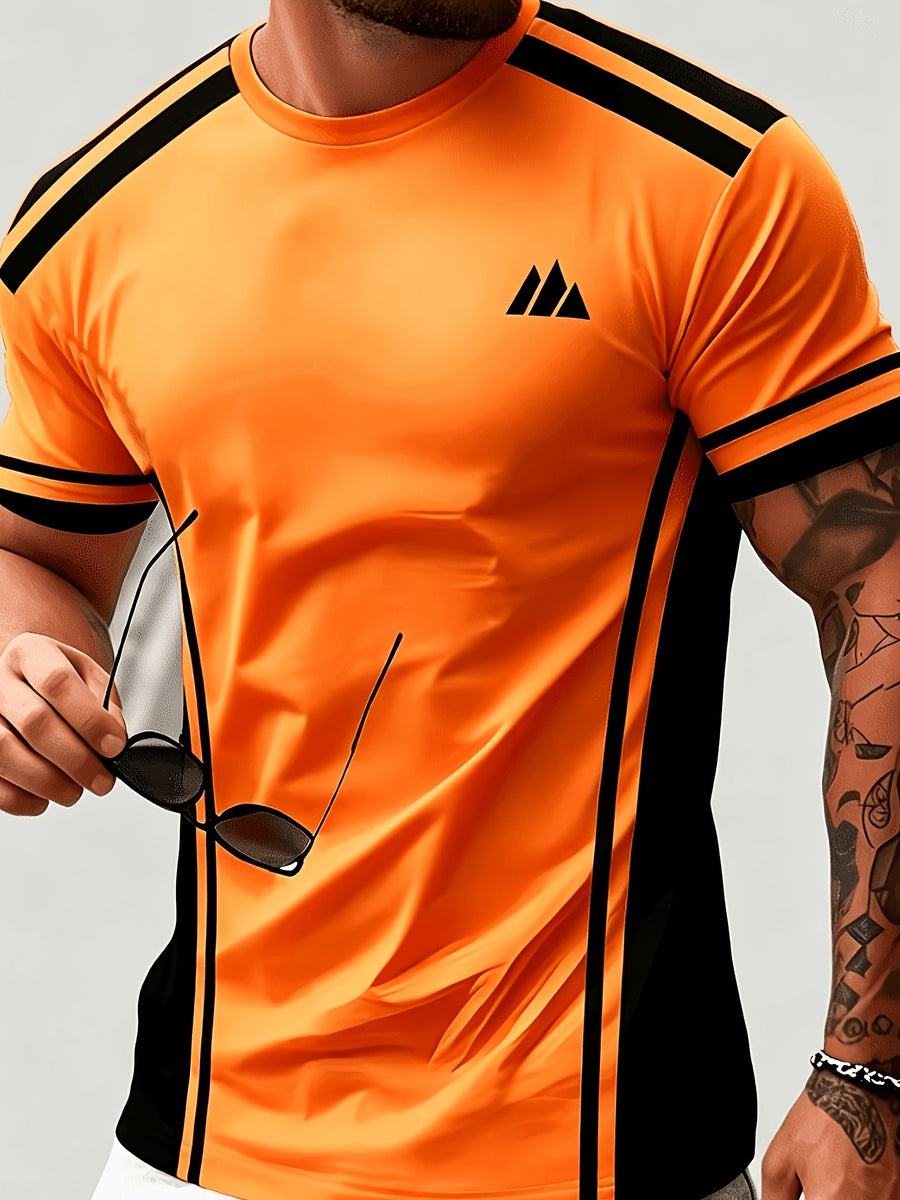 Men'S Trendy Casual Sports T-Shirt, Yellow Black Contrast Striped Mountain Peak Small Label Print Design, Fashionable Thin Breathable T-Shirt, Machine Washable Casual Short Sleeve Top - Mixed Color 13