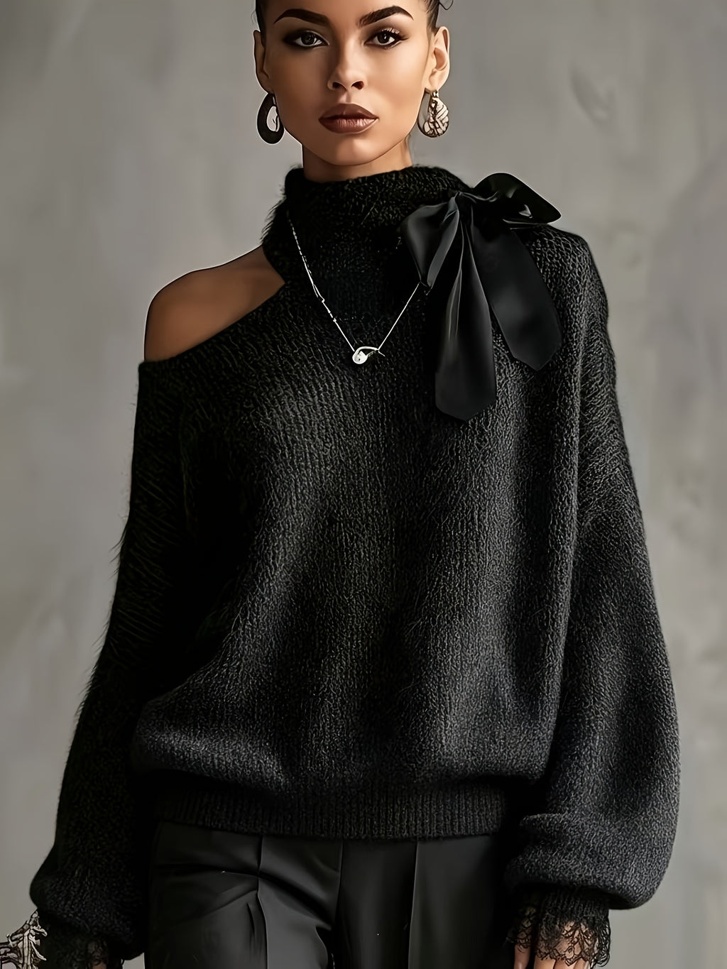 Women'S Spring Autumn Top, Early Autumn Asymmetrical Off-Shoulder High Neck Bow, Faux Mohair Soft Puffy Loose Drop Shoulder Style, Lace Patchwork Cuffs, Dark Y2K Sexy French Style, Light Commute/Office Scene, Light Party/Birthday Gathering [ASD1] - Black