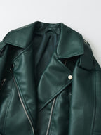 2025 Short Faux Leather Jacket Spring Autumn American Retro Temperament Biker Jacket Top Women'S Clothing - Dark Green