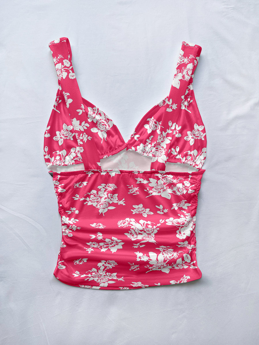 Casual Romantic Vacation Tie-Up Straps Ruched Slim Fit Floral Print Tank Top - Red