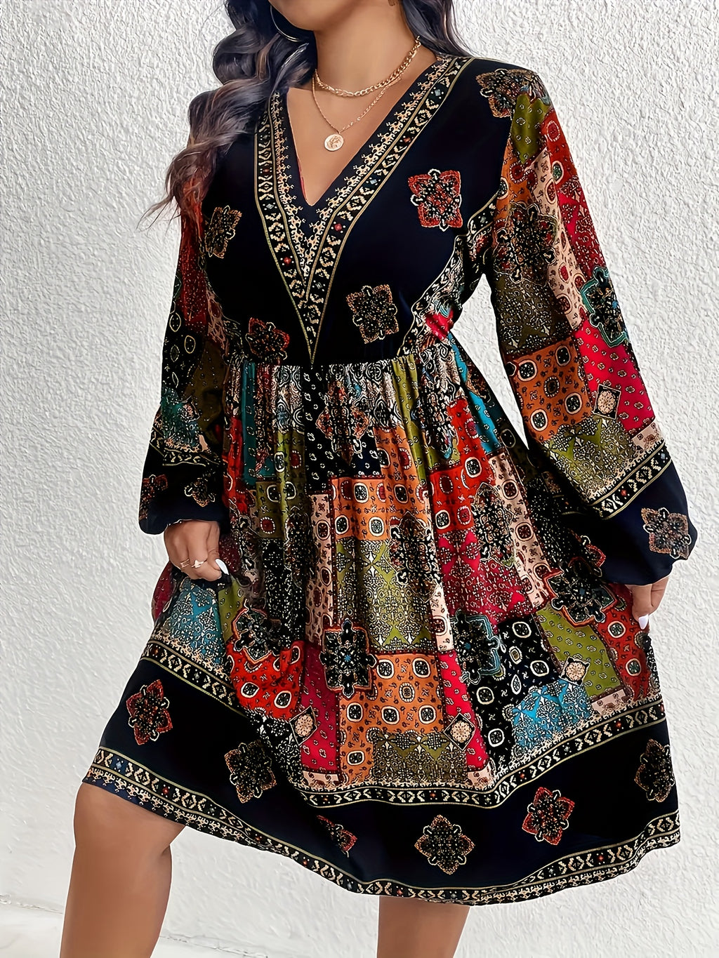 Plus Size - Plus Size - Bohemian Style Plus-Size V-Neck Lantern Sleeve Dress with Elegant Geometric Patterns - Mixed colors