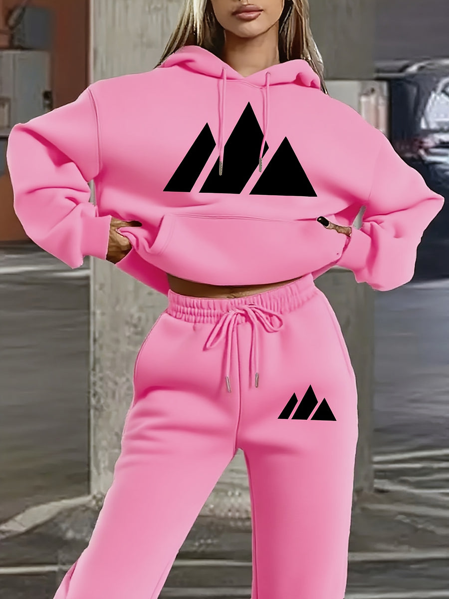 Hoodie Set with Black Triangle Pattern Letter Print Standard Round Neck - Pink