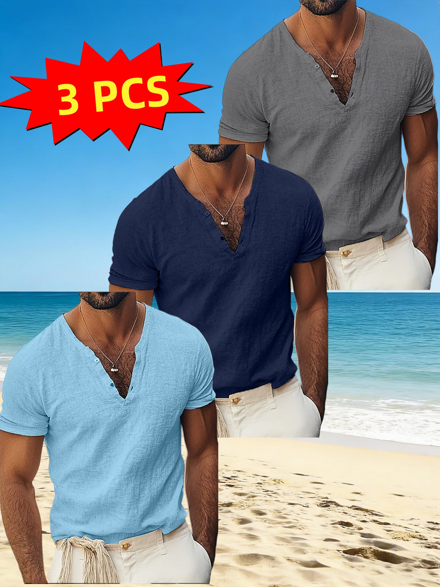 Men'S 3pcs Set of Henley Short-Sleeve Shirts, Breathable Comfortable Casual V-Neck Tops, Suitable for Summer And Daily Wear - Dark Gray + Tibetan Blue + Sky Blue