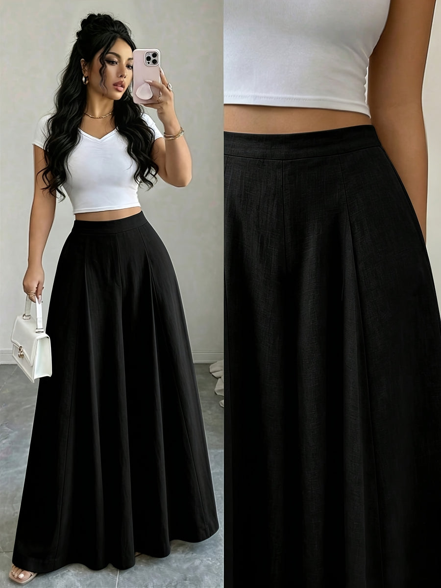 High-Waist Wide-Leg Pants, Women'S Summer Flared Skirt Design, Slim Elegant Commute Casual Trousers - Black