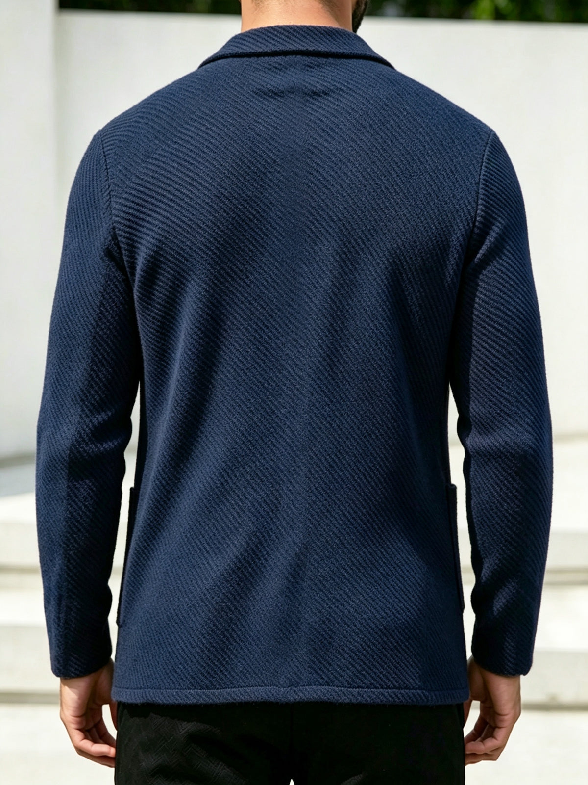 Whale Crossing OBM Men's New Spring, Autumn, and Winter Collection: Twill Textured Fabric Notched Lapel Cardigan, Single-Breasted with Double Pockets, Business Casual Versatile Long-Sleeve Knit Outerwear. Soft, Comfortable, and Stylish Solid-Colored - Navy Color