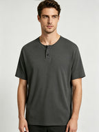 Short Sleeve T-Shirt Henley Collar Half-Open Round Neck Summer New Round Neck Solid Color Men'S Thin Top Athletic Short Sleeve Men'S Loose Plus Size Fitness Slim T-Shirt Henley Button-Up Collar Base Layer Training Trendy - Dark Gray