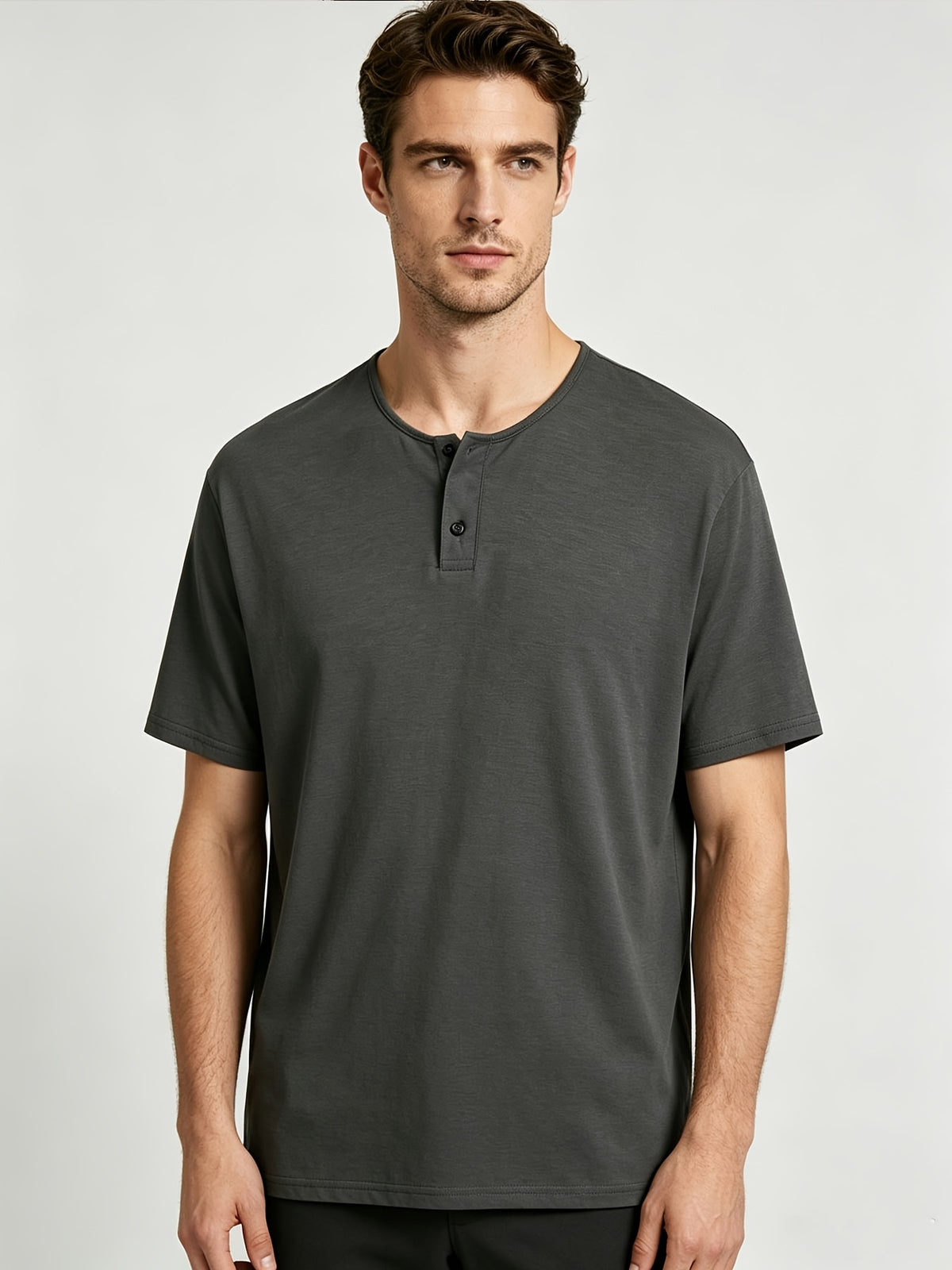 Short Sleeve T-Shirt Henley Collar Half-Open Round Neck Summer New Round Neck Solid Color Men'S Thin Top Athletic Short Sleeve Men'S Loose Plus Size Fitness Slim T-Shirt Henley Button-Up Collar Base Layer Training Trendy - Dark Gray