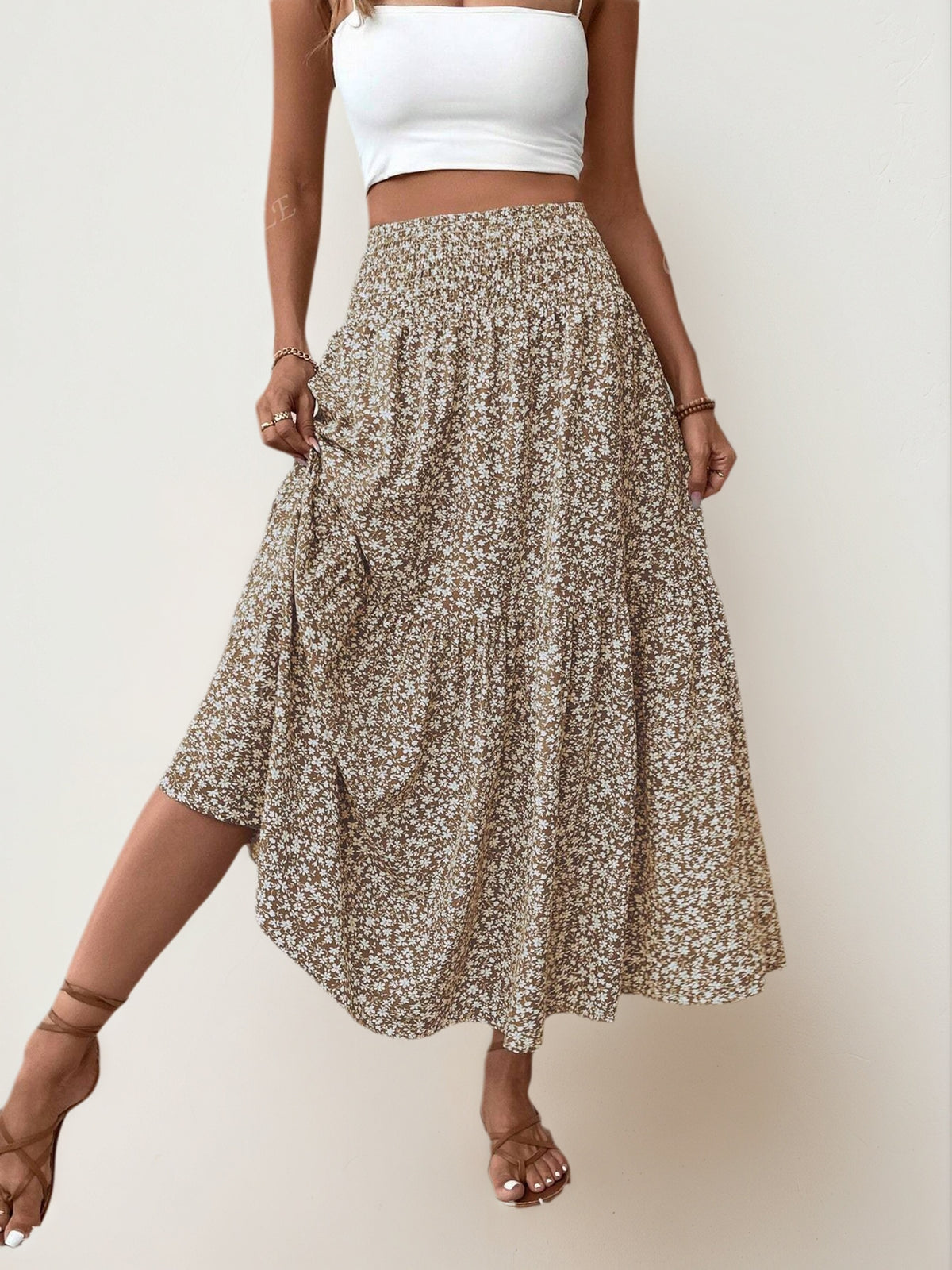 Women'S Elegant Floral Print A-Line Maxi Dress with Pockets - Long Flowing Floor-Length Skirt, Loose Fit Casual to Semi-Formal Outfits, All-season Versatile Everyday & Special Occasion Dress, Floral Print Dress, Comfortable Wear, Stylish Women - Khaki