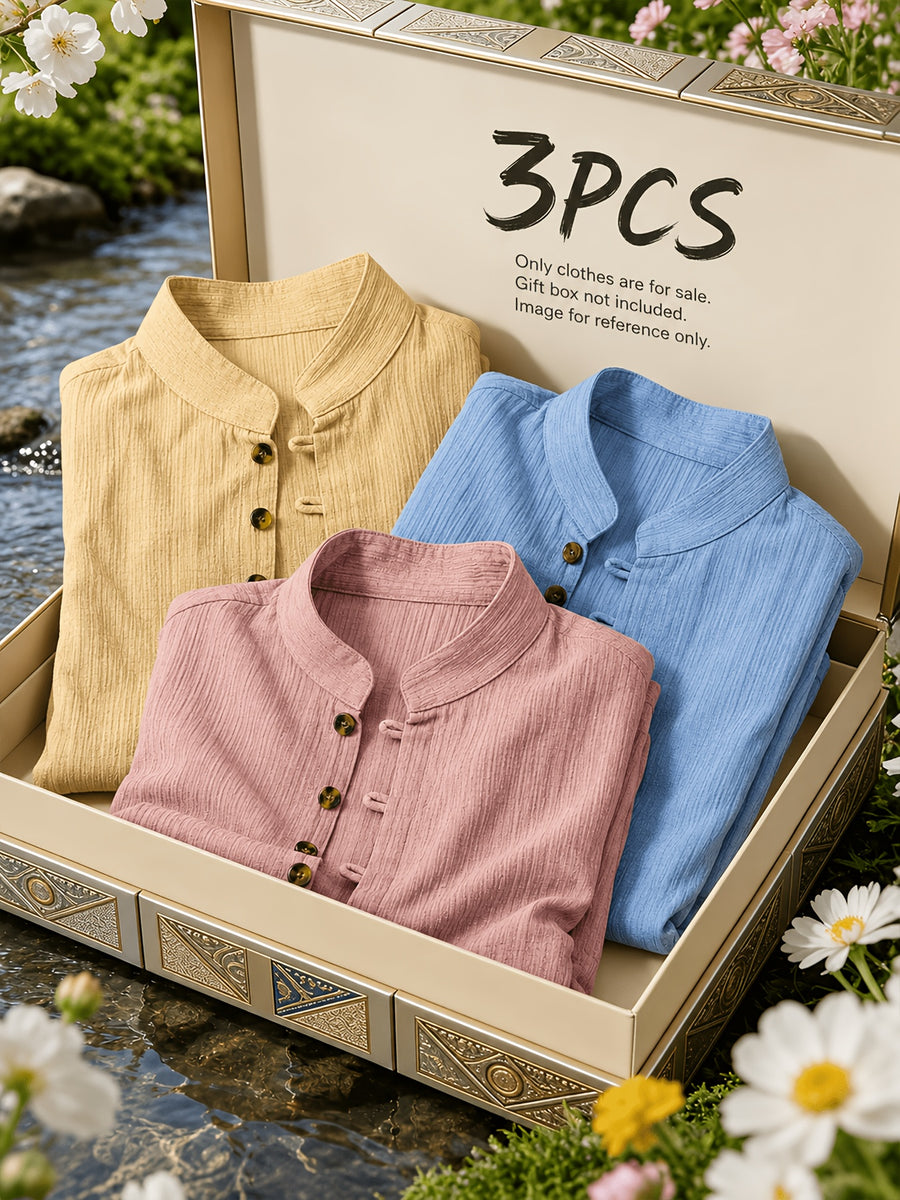 [Pearson Obm] 3pcs Men'S Mandarin Collar Multi Button Shirts Textured Lightweight Breathable Slim Fit Casual Tops Vintage Style for Summer Beach Vacation Travel And Daily Wear - Pink+blue+khaki