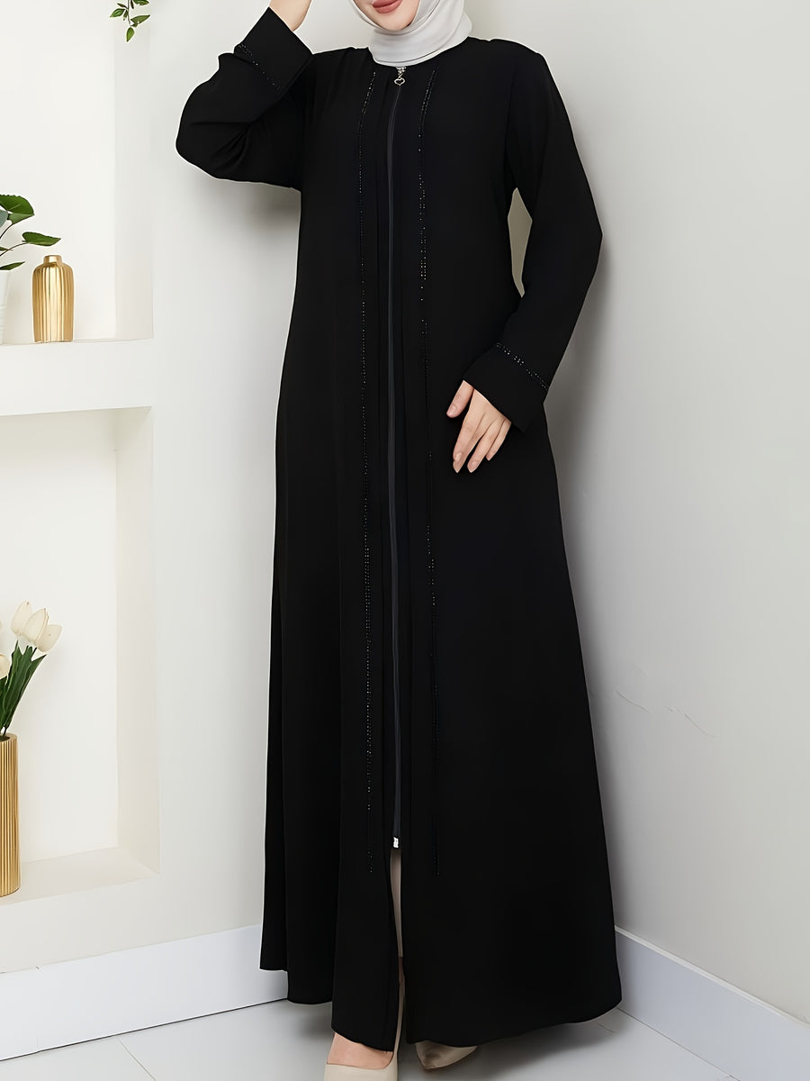 Middle Eastern Muslim Elegant Rhinestone Zipper Robe 8376 - Black