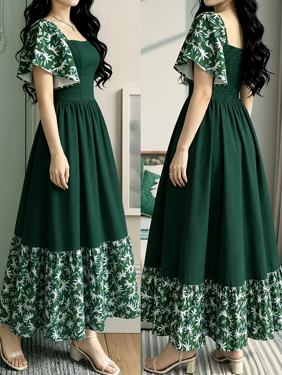 The Summer Floral-Themed Elegant Resort-Style Dress Features a Butterfly Wing Print Design, a Square Neckline And Short Sleeves, Is Equipped with a Waist-Cinching Design, And Has a Moderate Length - Dark Green
