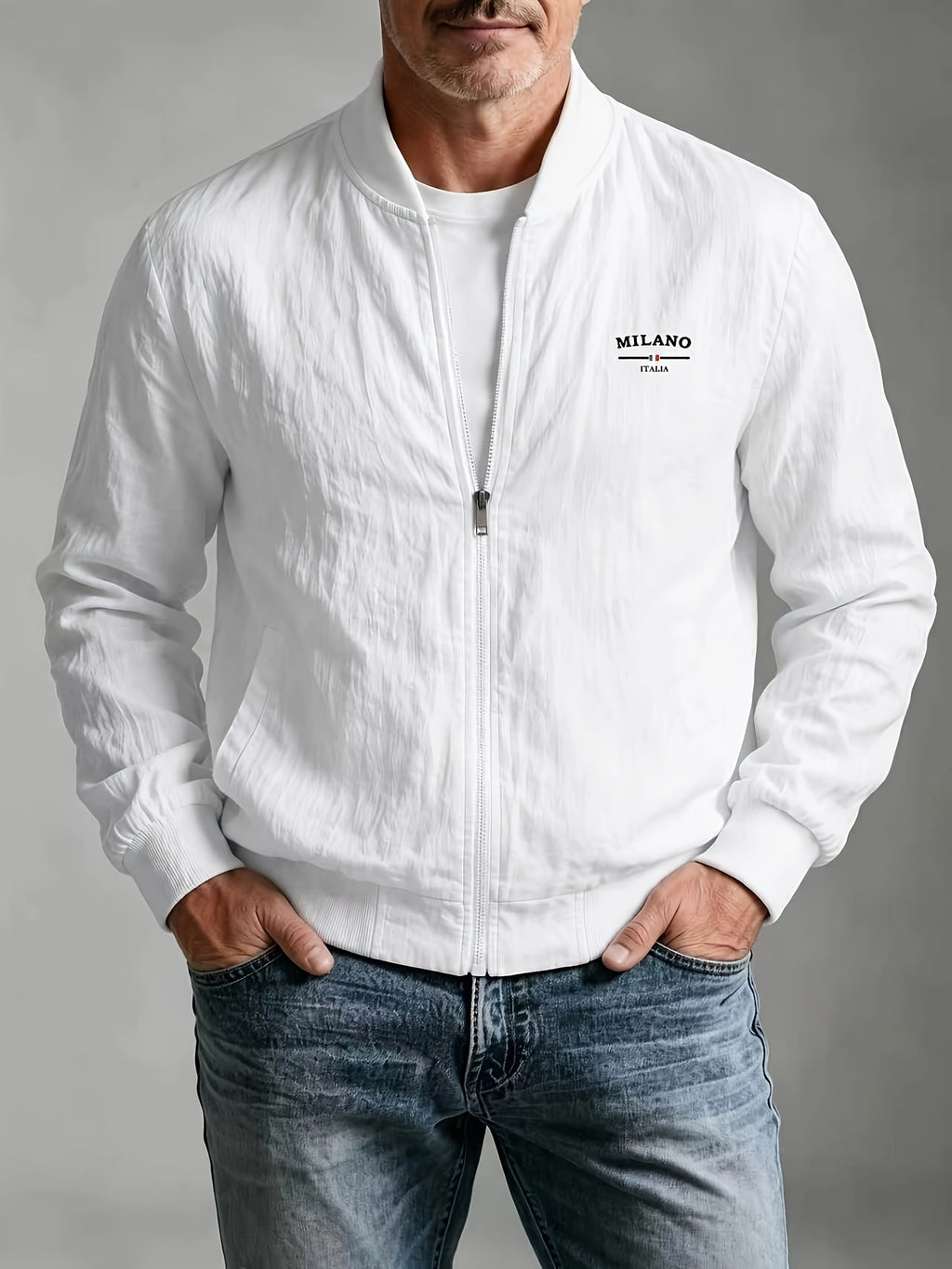 Spring Summer Linen Washed Pleated Baseball Collar Jacket Men'S MILANO Letter Print Thin Breathable Coat Middle-Aged Dad Loose Zipper Cardigan Multi-Color Versatile Commute Casual Outerwear Baseball Uniform Top, Transitional Bomber Jacket - White