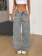 2026SS New Women'S Charcoal Gray Snow Wash High-Waist Wide-Leg Jeans Featuring a Metal Button Closure And Patch Pockets, with a Vintage Look And Structured Shape, Perfect for Everyday Wear, Street Fashion, And Retro-Themed Outings Denim Jeans - Grey
