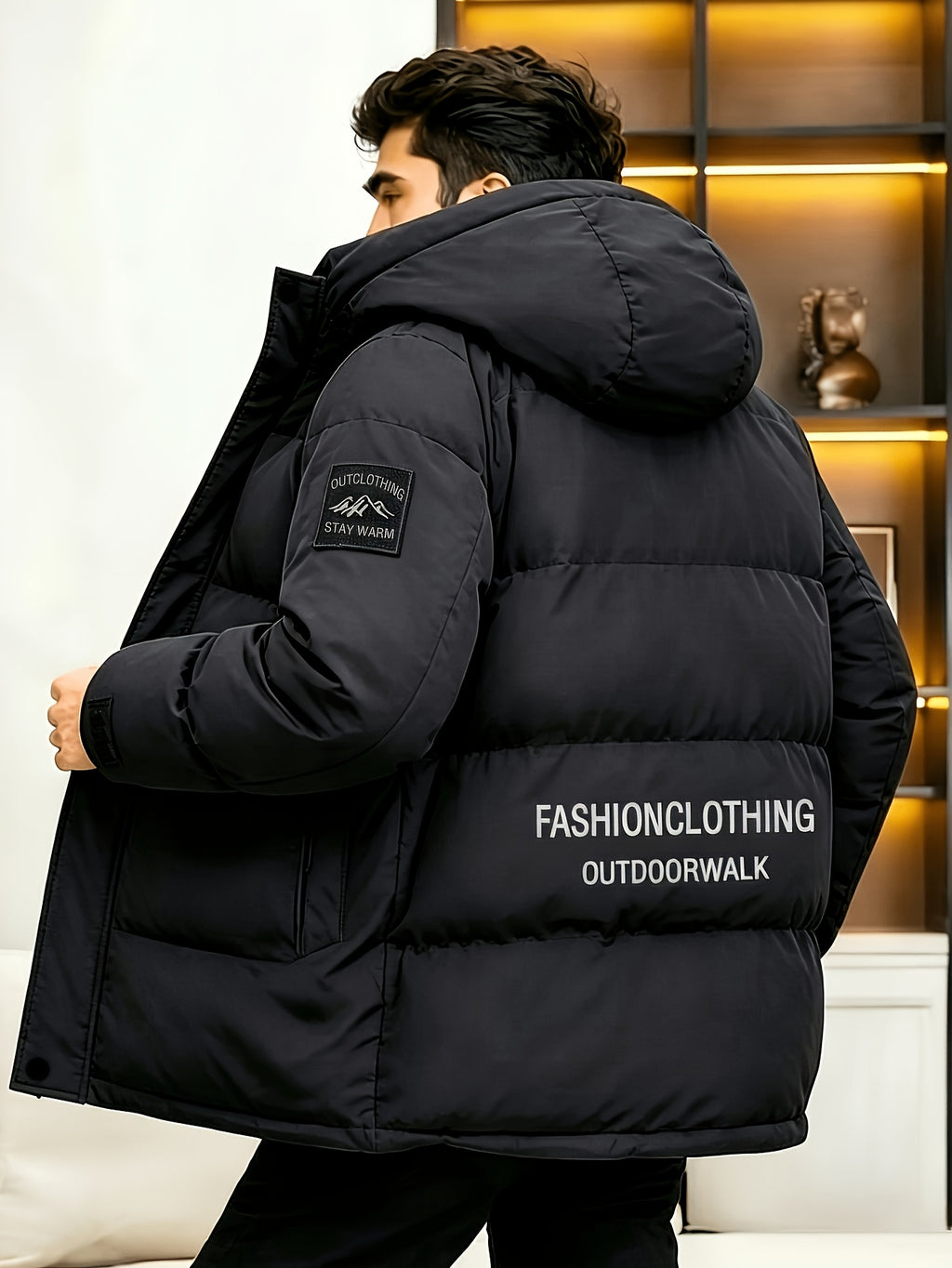 Men's New Long-Sleeve Windproof Thickened Warm Casual Hooded Jacket - Black