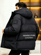 Men's New Long-Sleeve Windproof Thickened Warm Casual Hooded Jacket - Black
