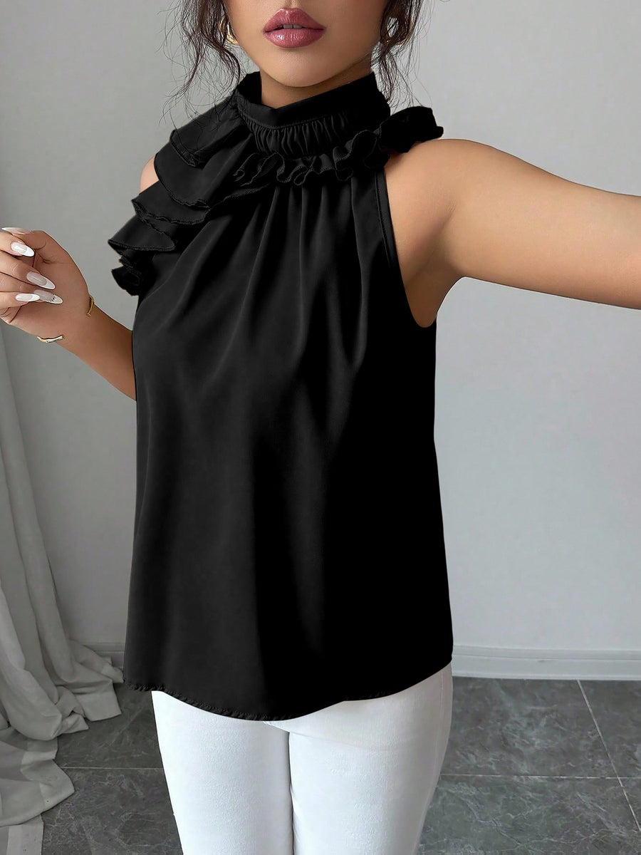 Fashionable Office Women's Solid Color Halter Top, Versatile Pleated Halter for Daily Gatherings, Sleeveless Top Suitable for Spring and Autumn, Standard Size Women's Top - Black