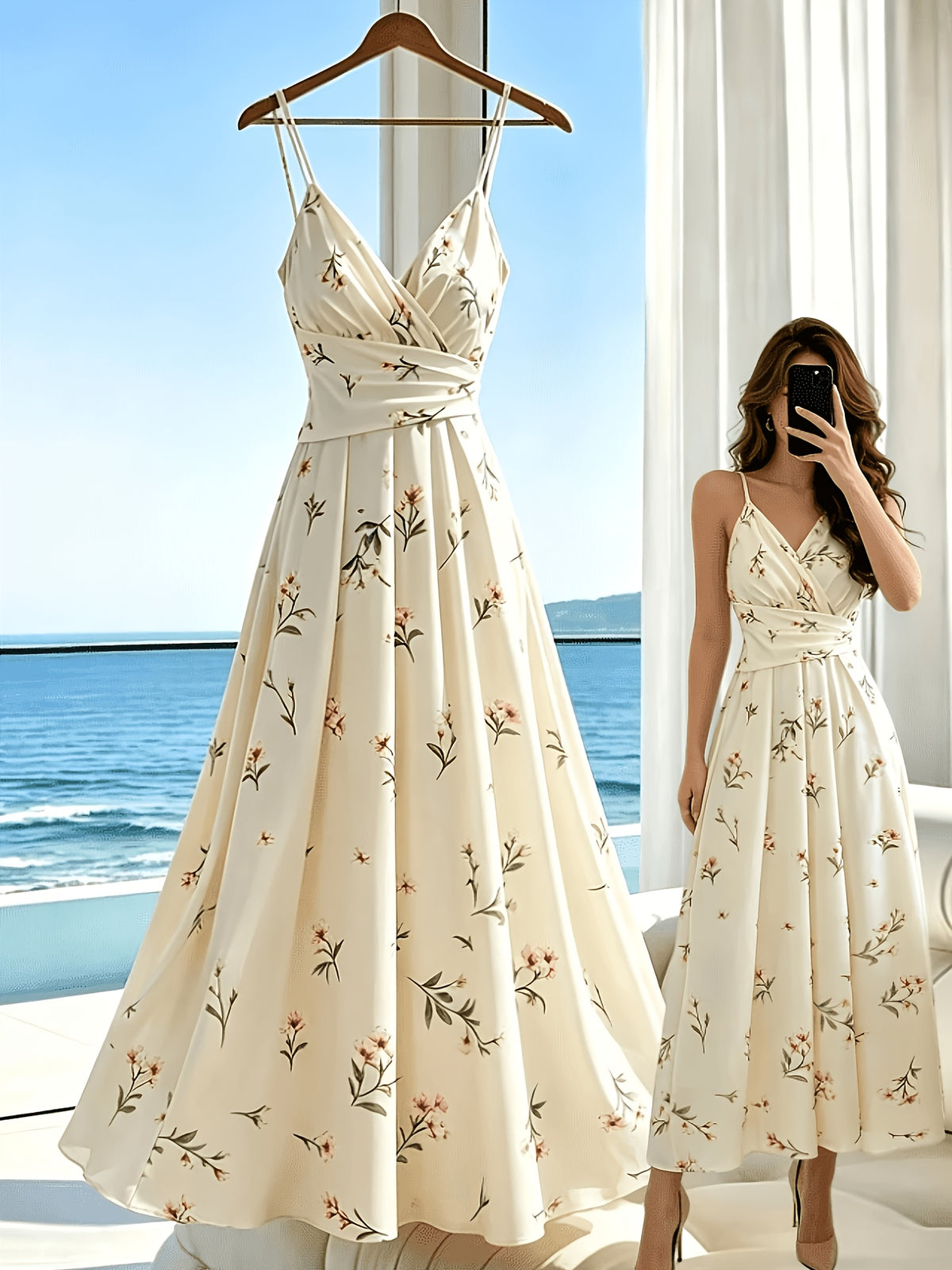 Women's Floral Print Pleated Fashion Date Party Spaghetti Suspender Dress - Multicolor