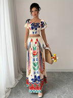 Summer Elegant Holiday Party Vacation Floral Print Square Neck Double-Layer Flared Sleeve Shirred Waist Top A-Line Maxi Skirt Women's Skirt Set - Multicolor