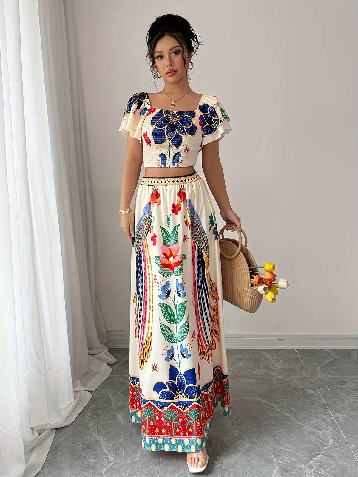 Summer Elegant Holiday Party Vacation Floral Print Square Neck Double-Layer Flared Sleeve Shirred Waist Top A-Line Maxi Skirt Women's Skirt Set - Multicolor