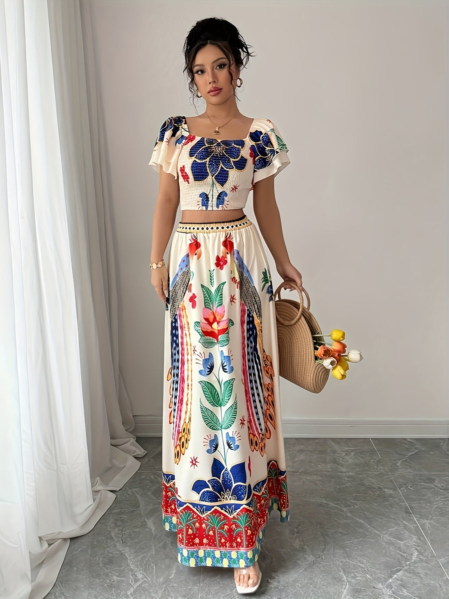 Summer Elegant Holiday Party Vacation Floral Print Square Neck Double-Layer Flared Sleeve Shirred Waist Top A-Line Maxi Skirt Women's Skirt Set - Multicolor
