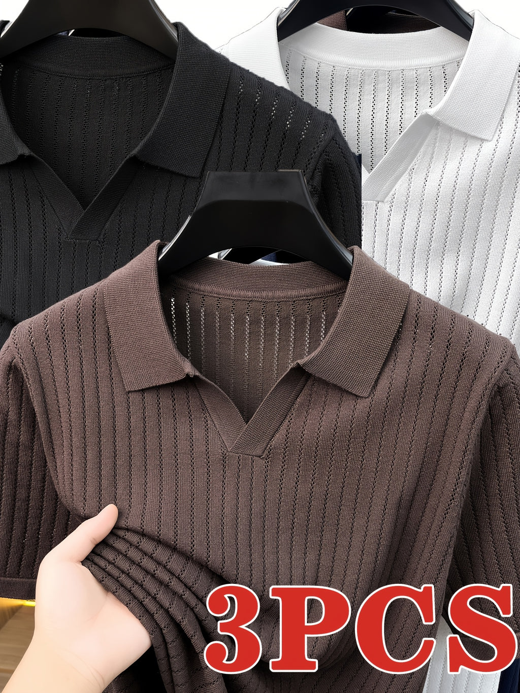 Du Jing Lan OBM 3pcs Set: New Spring/Summer Men's Knitted Pullover, Old Money Style Solid Color Plaid Openwork Breathable Short-Sleeve T-Shirt, Men's Business Casual Fashion Half-Placket Lapel Knit Polo Shirt Base Layer Top. Suitable for Wearing - Coffee+Black+White