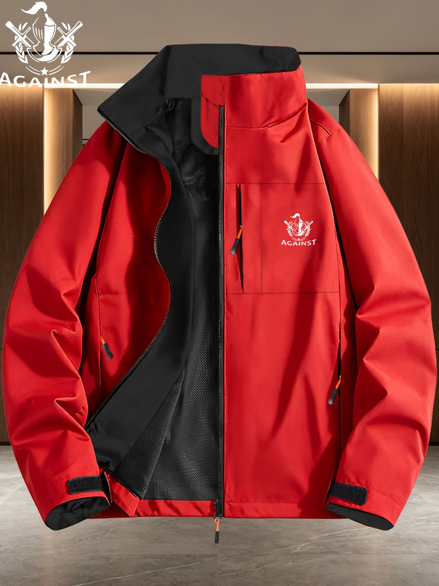 Double Sword Torch AGAINST Vintage Badge Navy Lining Stand-Up Collar Windproof Jacket Men Women Spring Autumn White Multi-Pocket Outdoor Windbreaker, Solid, Loose Fit, Long Sleeve, Zip - Red