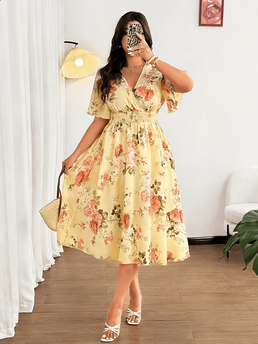 Plus Size - Summer Women'S Plus Size Women'S Summer Fashion Elegant Temperament Bohemian Floral Print Mid-Length Short-Sleeved Head Set V-Neck Loose Elastic Waist Lotus Leaf Sleeves Suitable for Vacation, Weddings, Formal Occasions, Festivals - orange yellow