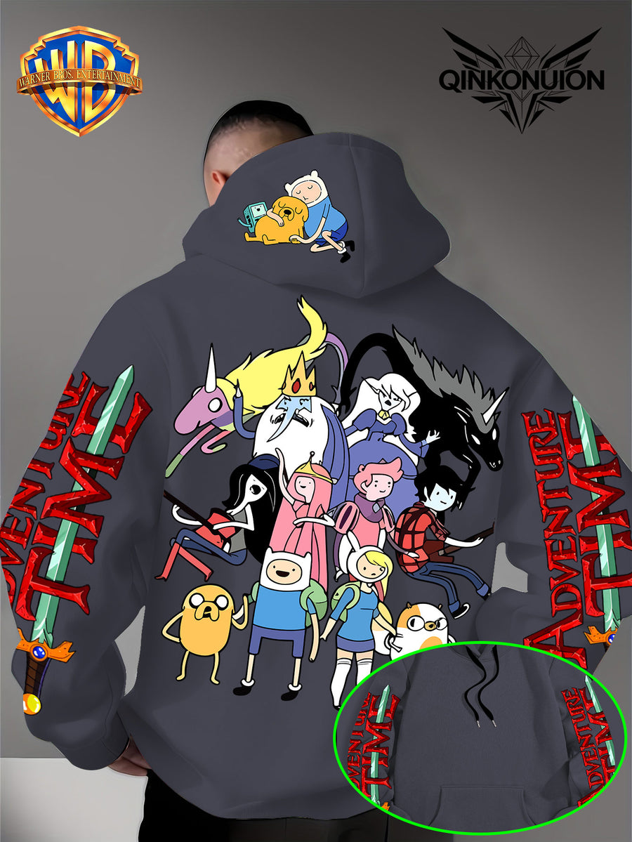 Warner Official Men's Hoodie, Adventure Treasure Full Character Gathering Adventure Print Design, Machine Washable, Warm and Casual for Autumn and Winter, Daily Drawstring Hoodie, Multifunctional Sports and Casual Loose Fit - Dark Gray