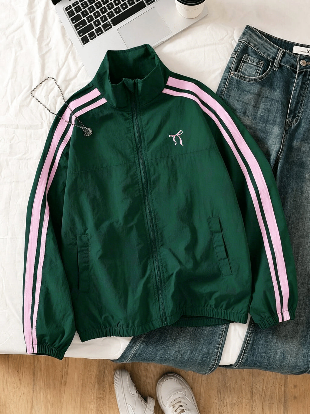 Women's Vintage College Bomber Jacket - Oversized Stand Collar Zipper Jacket with Chest Bow Embroidery, Two-Stripe Suitable for Casual Wear, Spring/Summer Swear, Unisex Couple's Outerwear, Machine Washable Loose Fit Jacket - Dark Green