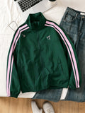 Women's Vintage College Bomber Jacket - Oversized Stand Collar Zipper Jacket with Chest Bow Embroidery, Two-Stripe Suitable for Casual Wear, Spring/Summer Swear, Unisex Couple's Outerwear, Machine Washable Loose Fit Jacket - Dark Green