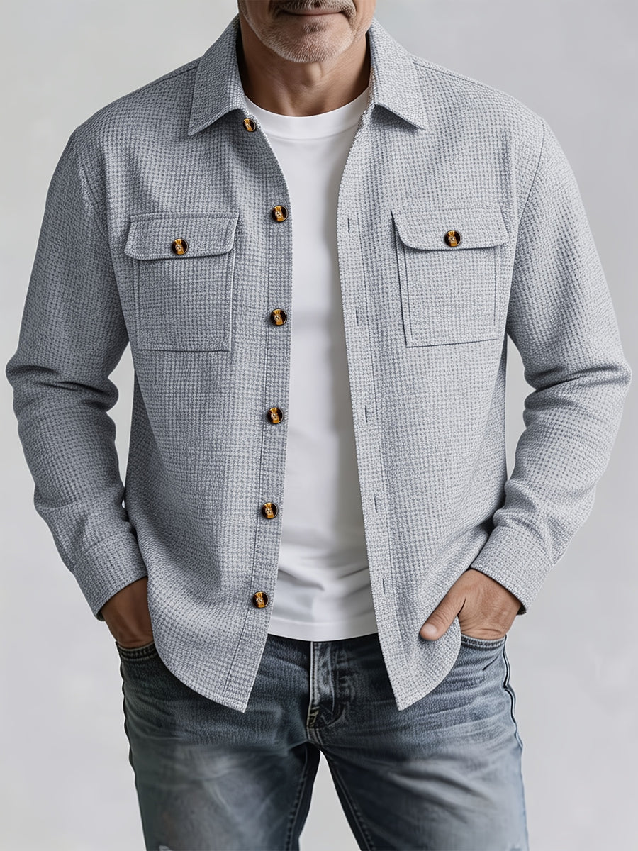 Pearson OBM Men's Casual Sport Jacket, American Vintage Waffle Texture Lapel Work Shirt Jacket, Men's Double Pocket Wood Button Loose Fit Casual Long Sleeve Shirt, Versatile Cardigan Jacket for Spring and Autumn - Grey