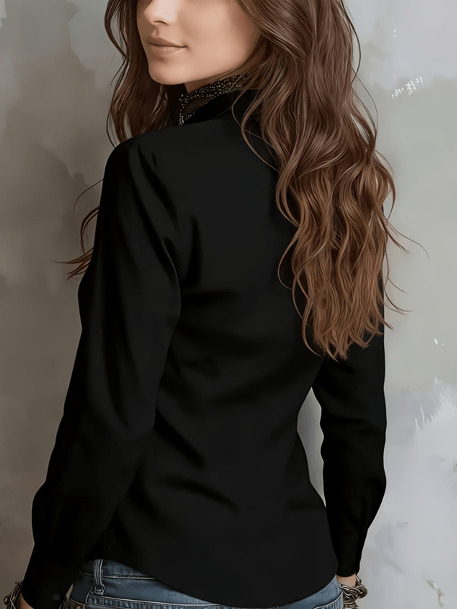 New Women's Solid Color Long-Sleeve Shirt with Lapel Collar, Designed to Create a Professional and Capable Look, Made with Skin-Friendly and Comfortable Fabric - Black