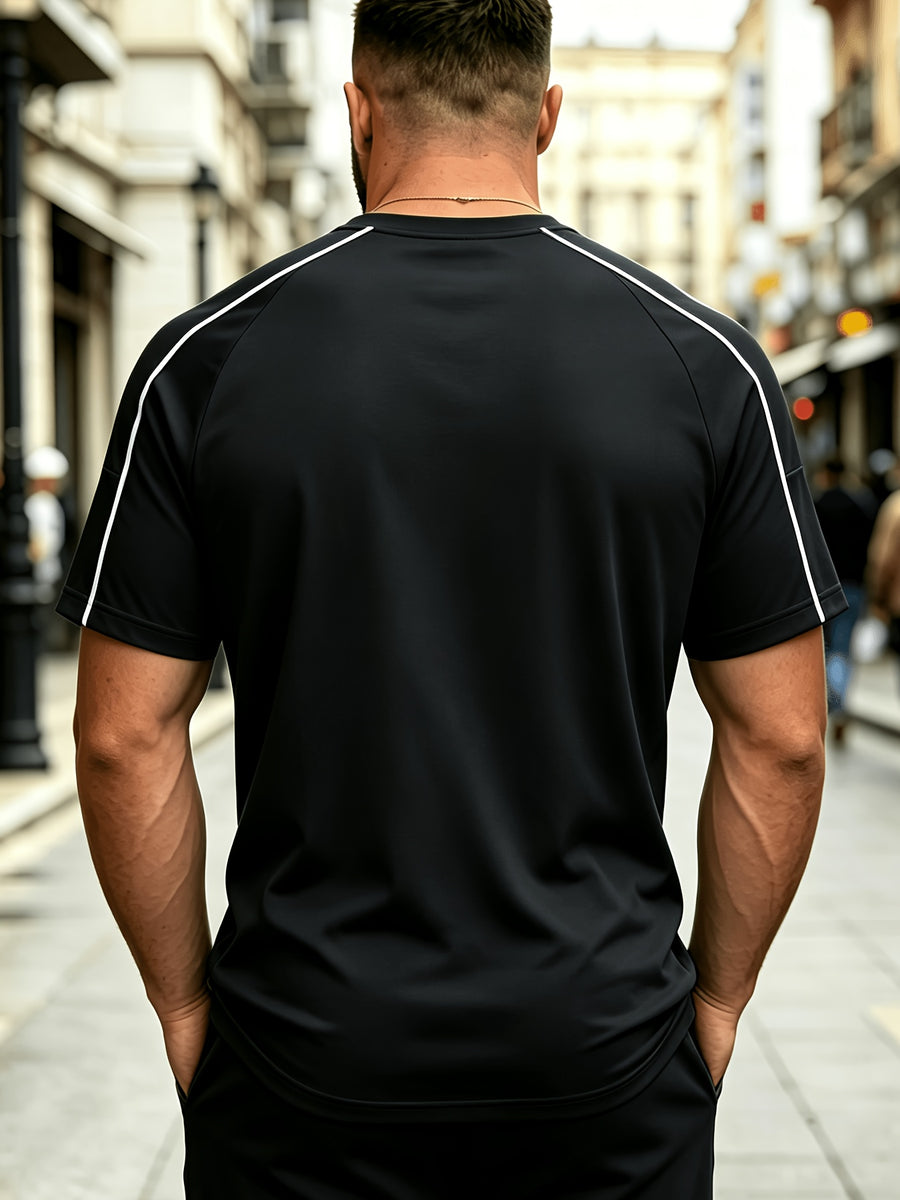 Spring and Autumn Thin, Quick-drying, Solid-color Knitted Printed Short-sleeved T-shirt, Casual Sports, Simple, Breathable and Comfortable, Home Daily All-match Tops - Black