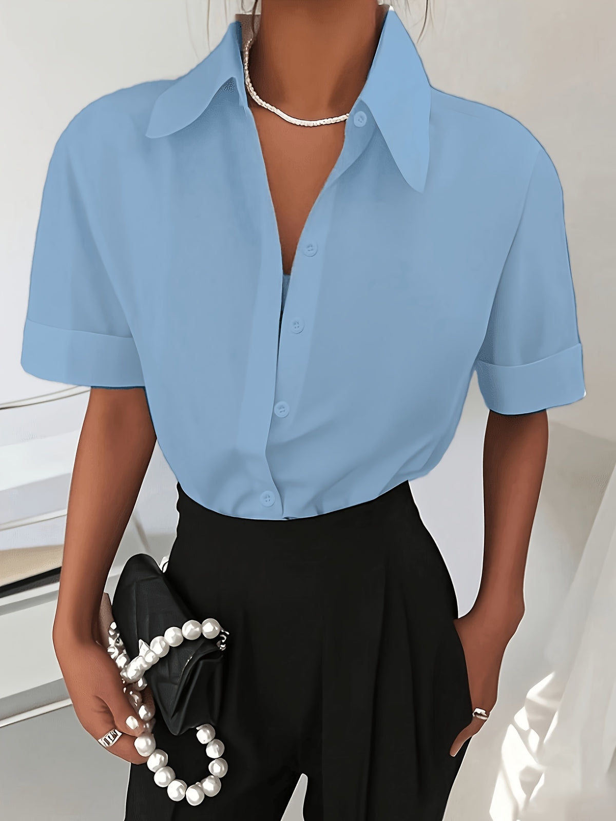 Women's Solid Color Elegant Neckline Short Sleeve Shirt - Light Blue