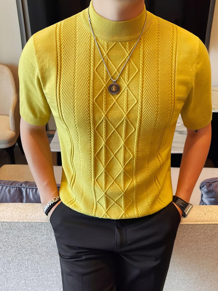 Men's New Solid Color Rhombus Fashion Semi-High Neck Knit Sweater, Spring/Summer Casual Short Sleeve Knit Top - Yellowish-brown