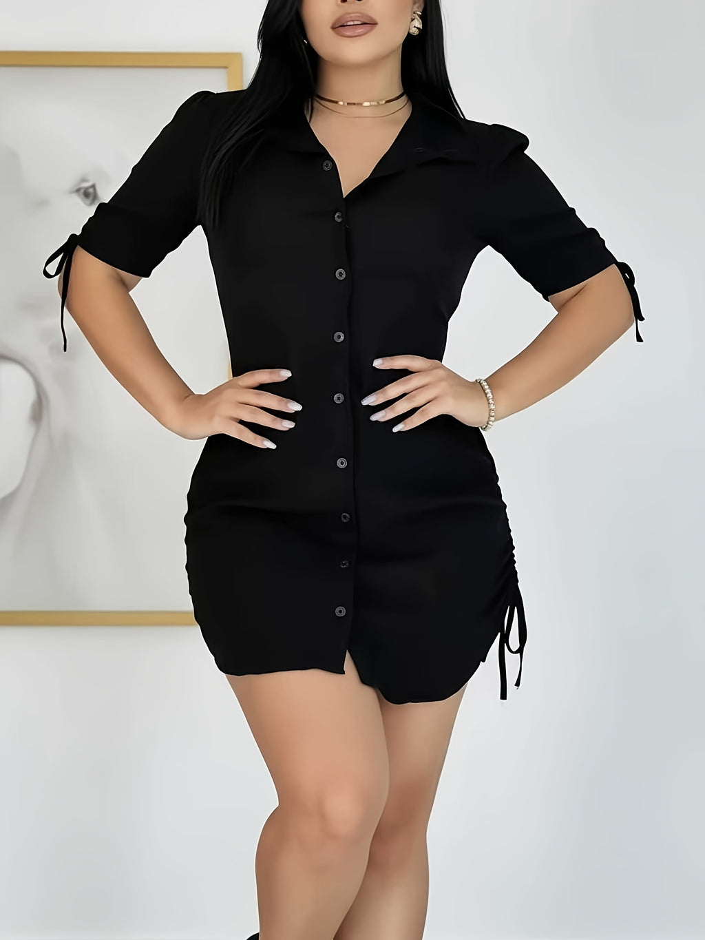 Women's Designer Black Drawstring Waist Shirt Dress - Black