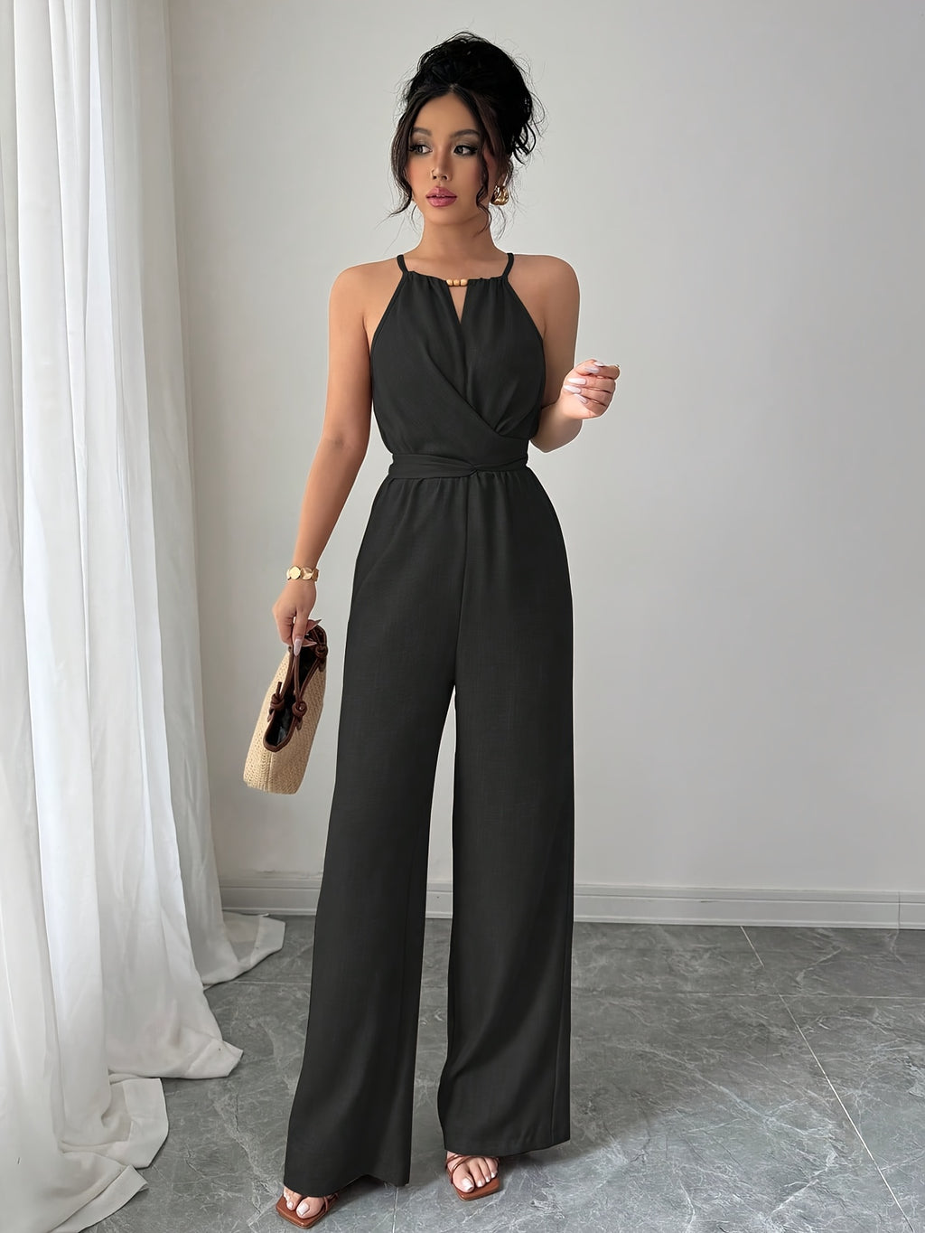 Women's Spring/Summer Casual Pleated Strappy Twist-Waist Maxi Jumpsuit - Black