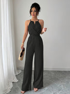 Women's Spring/Summer Casual Pleated Strappy Twist-Waist Maxi Jumpsuit - Black