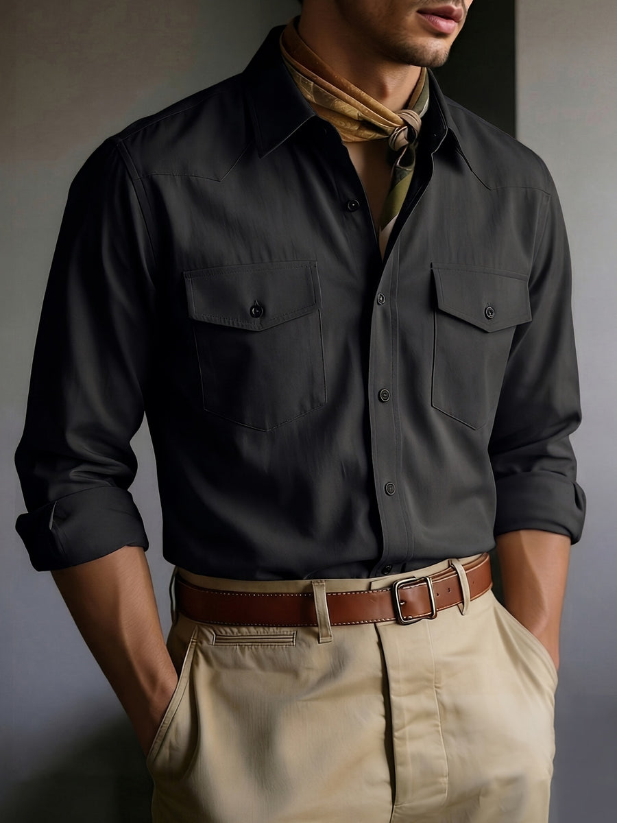 Men's Solid Color Button- Shirt with Double Pocket Collar - Machine Washable Long Sleeve Work Shirt Suitable for Business Casual, Commuting & Office Wear, Button-Front Collar Top for Spring/Autumn Layering (Adult Gift), father's day - Black